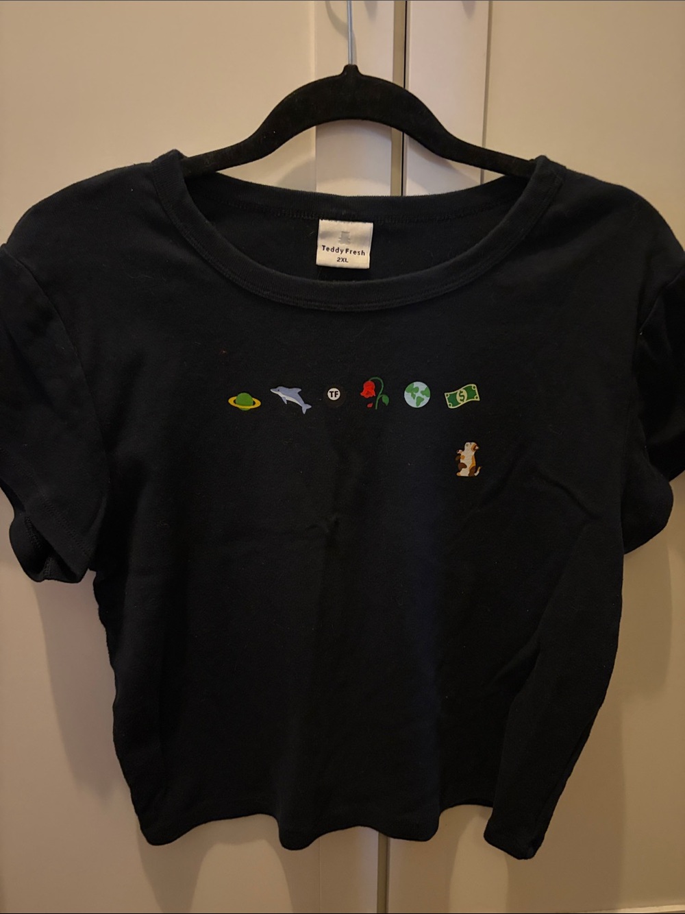 Teddy Fresh  cropped Black Tee with Colorful Mini Icons